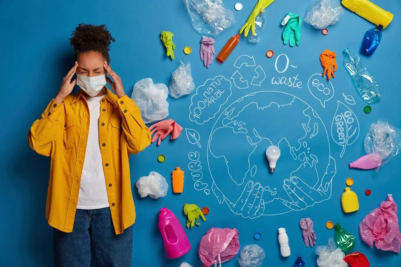 Чернокожая женщина носит защитную маску, избегает радиации, у нее головная боль из‑за плохих экологических условий.